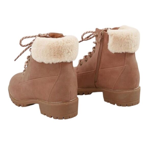 Madden Girl Women's Blush Ankle Lug Workboot Booties Faux Fur Trim Lace-Up Zip - Picture 5 of 16
